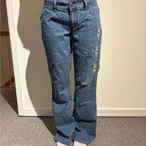 Mint Blue Flared Jeans with Side Floral Embroidery